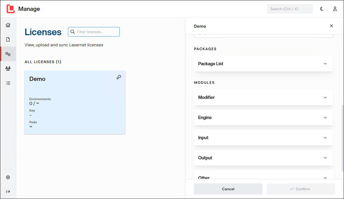 The Packages and Modules areas in the license properties pane.